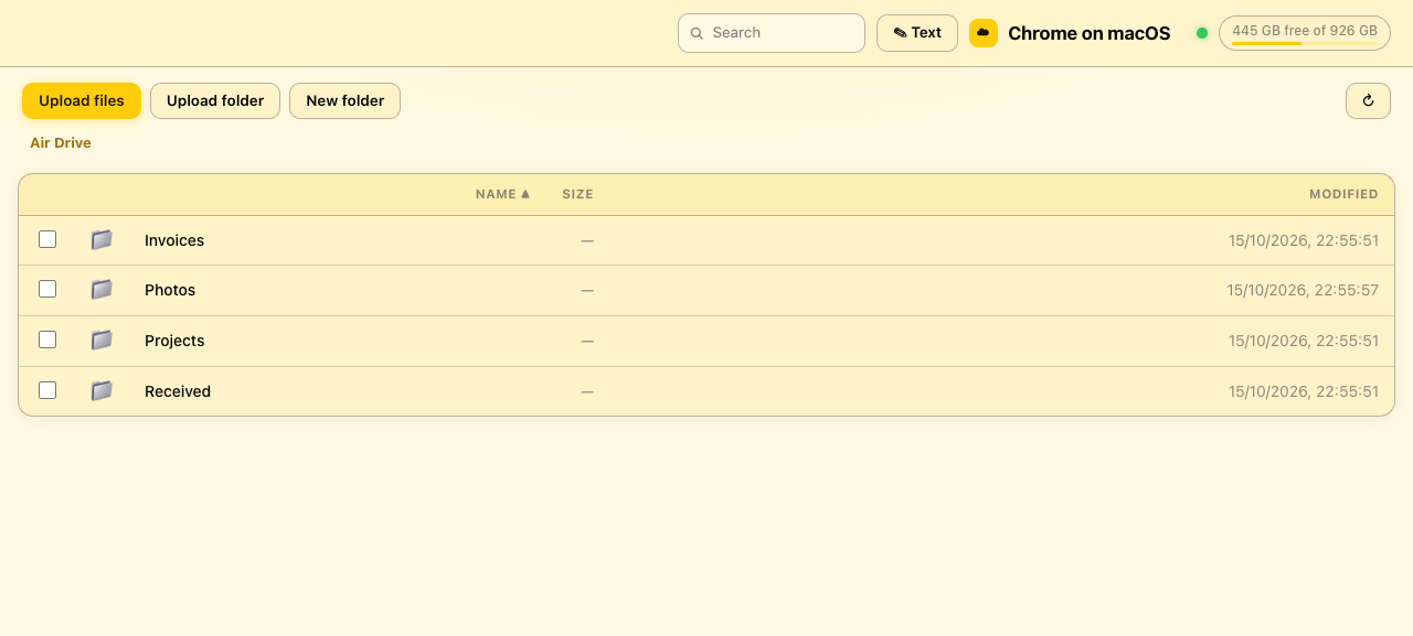 Air Drive web client in a desktop browser: golden themed file browser with upload toolbar and storage meter